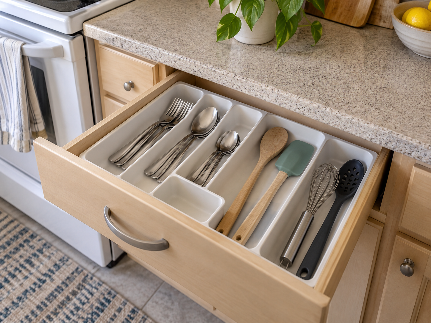 Small kitchen drawer organization for renters using removable trays and dividers in a rental kitchen