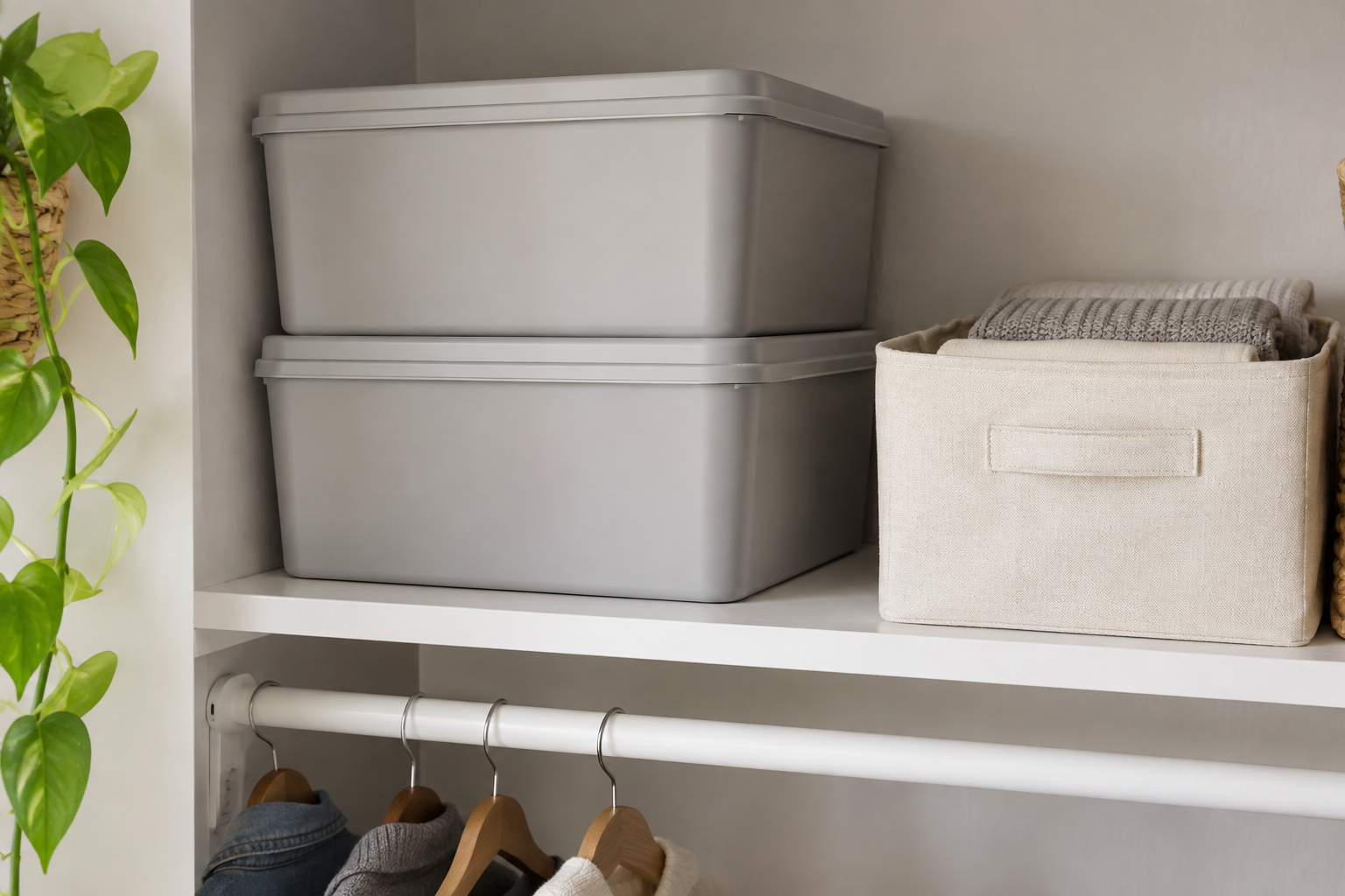 Stacked closet storage bins arranged with accessible storage beside them