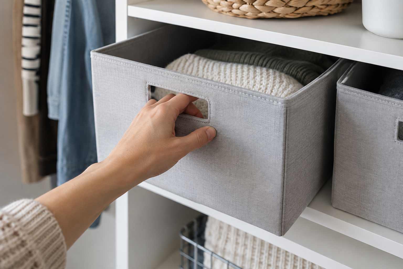 Hand removing a closet storage bin from a shelf using its handle
