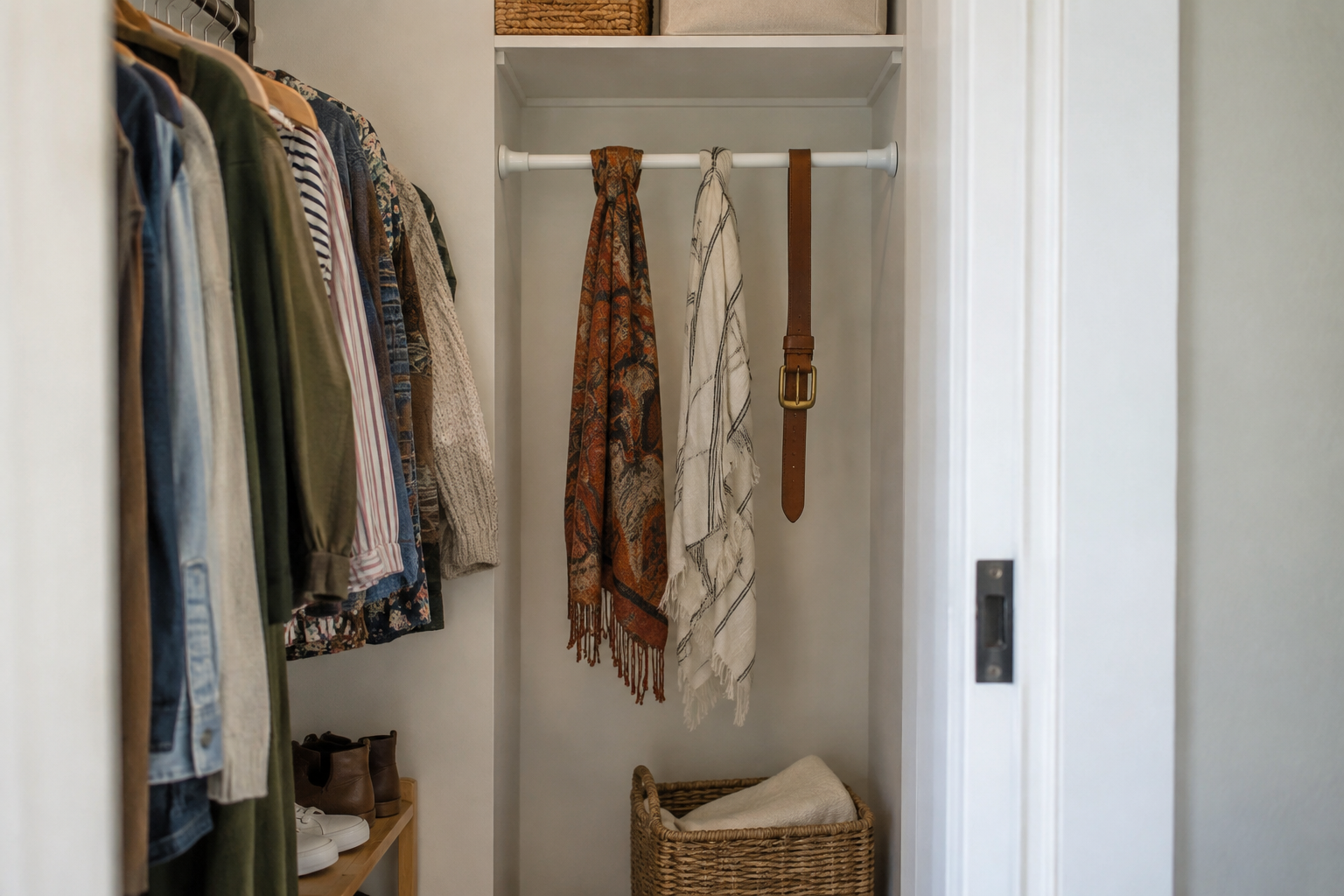 Tension rod closet storage with lightweight accessories in a small rental closet