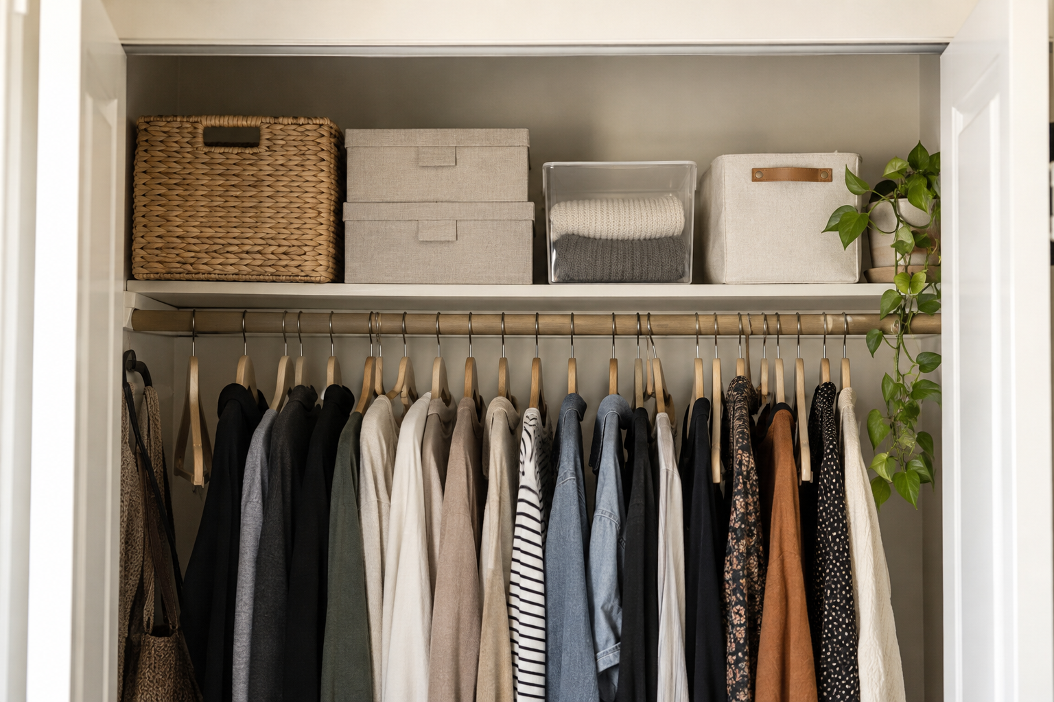 Organized top shelf in a small closet with storage bins above hanging clothes