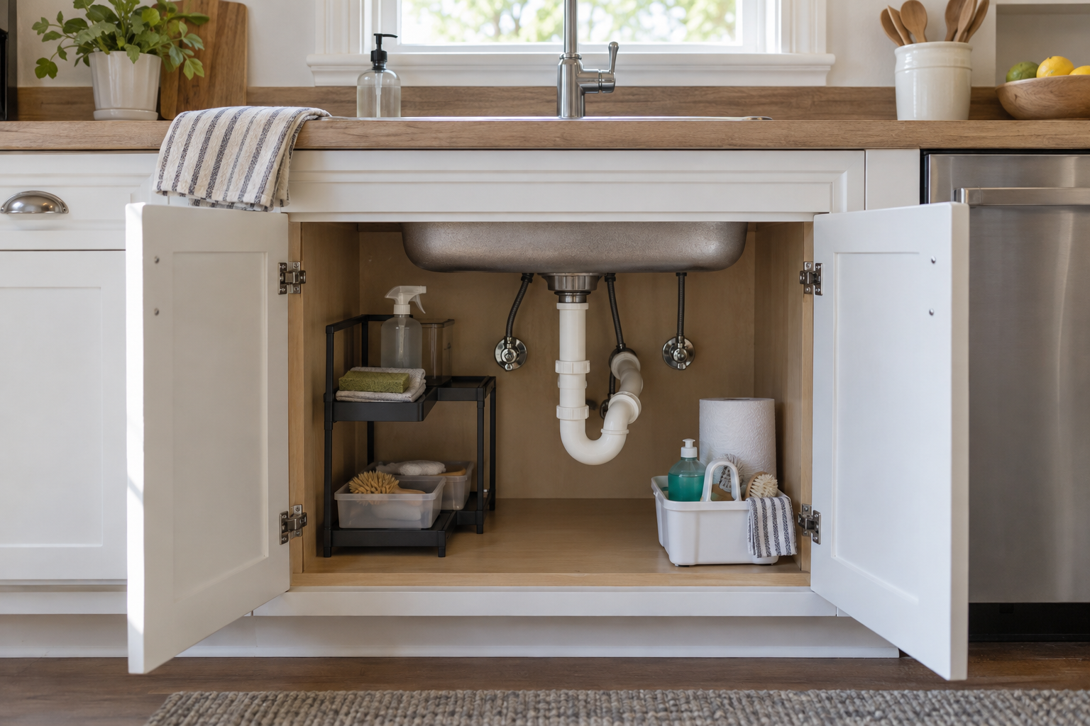Under-sink kitchen storage for renters with removable organizers arranged around accessible plumbing