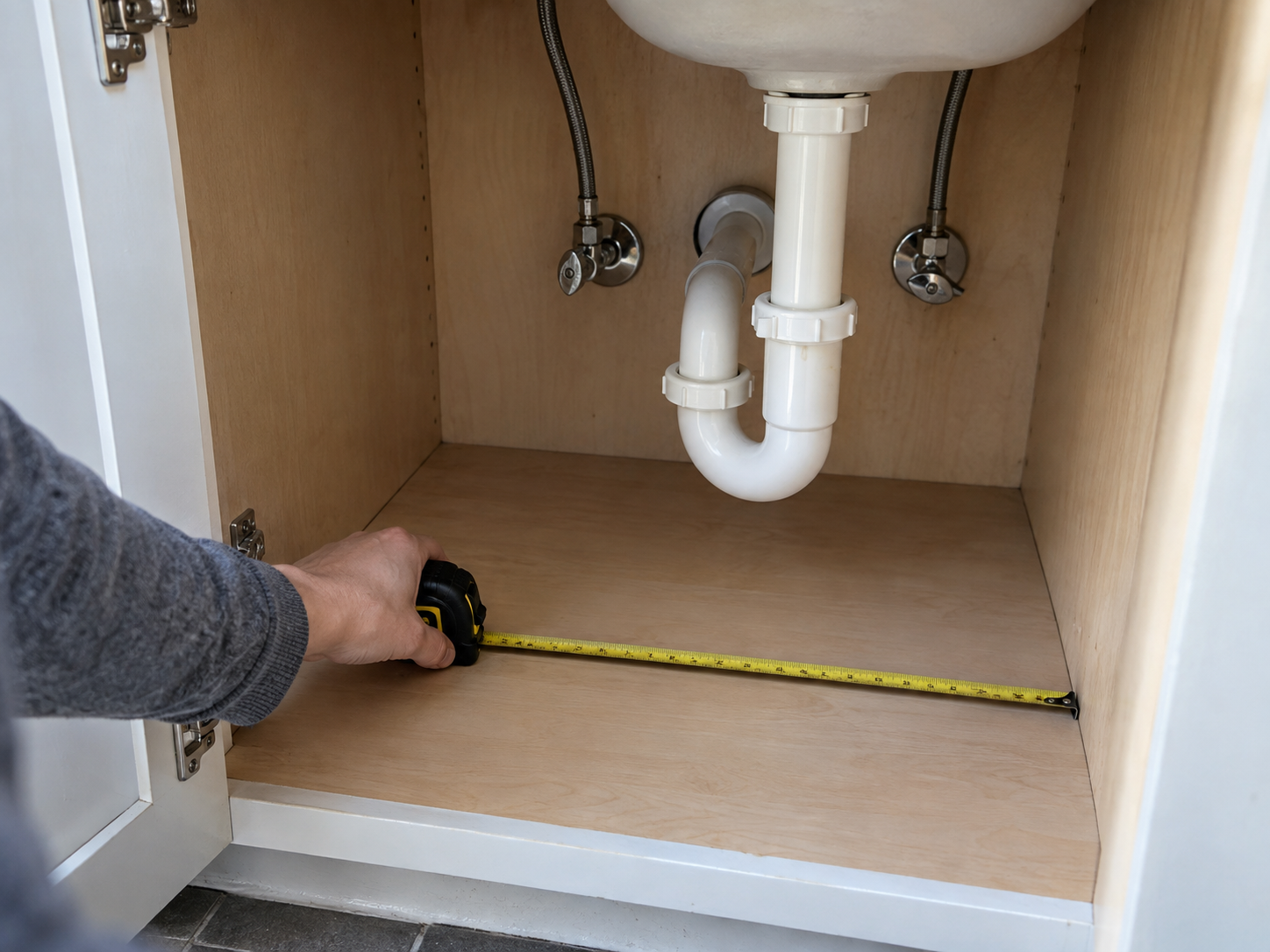 Measuring under-sink kitchen storage space around pipes and shut-off valves before adding organizers