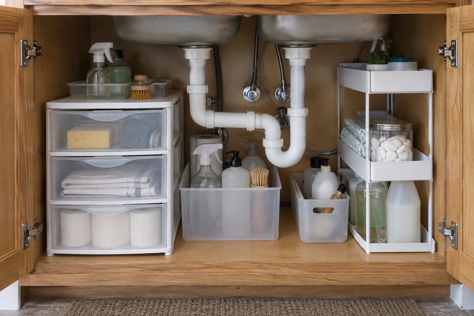 Removable under-sink organizers arranged around accessible kitchen plumbing