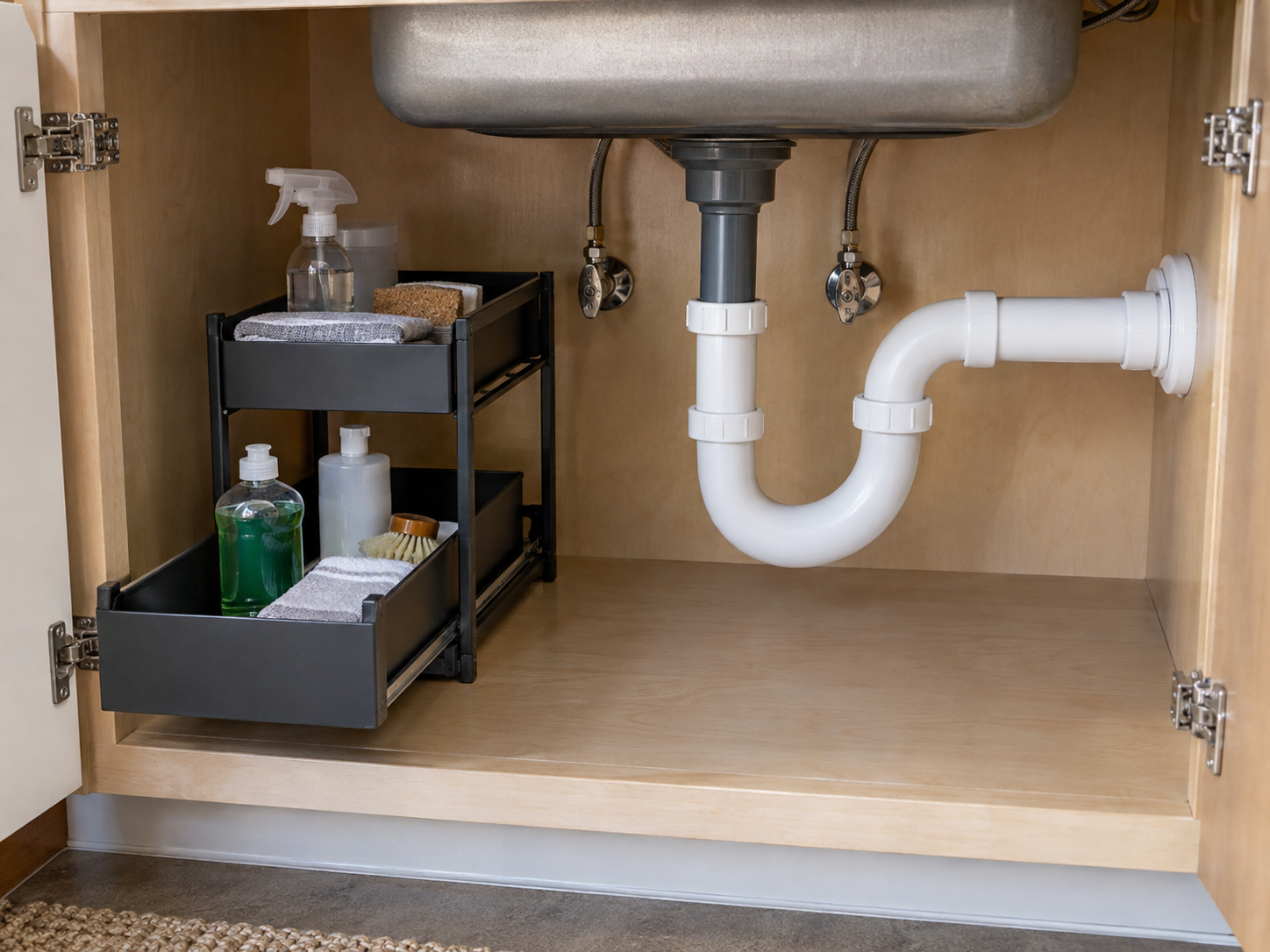 Freestanding sliding under-sink organizer positioned beside accessible kitchen plumbing