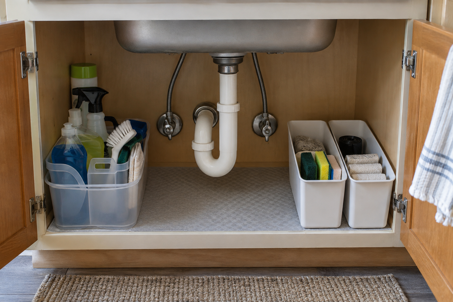 Three-zone under-sink storage layout with supplies on each side and accessible plumbing in the center