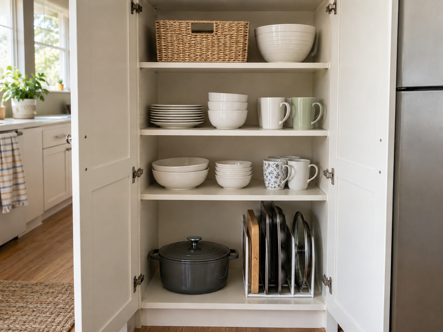 Zoned kitchen cabinet storage with removable dividers and organized shelves in a rental kitchen