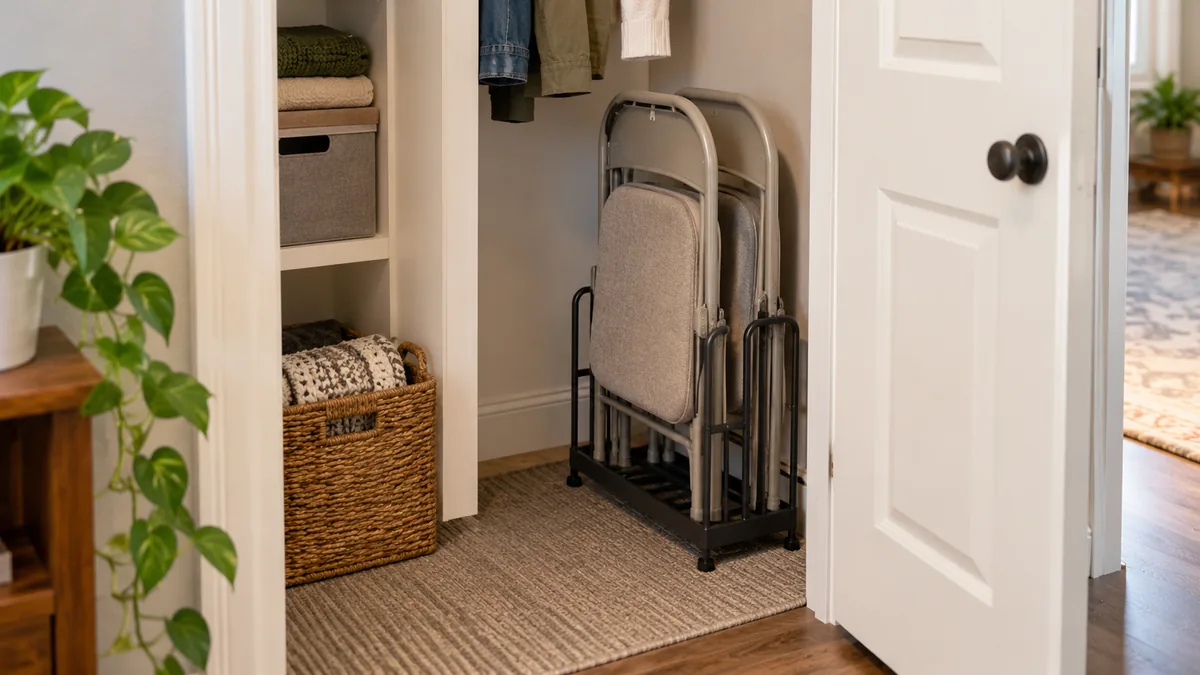 Folded guest chairs organized safely in a compact rental closet