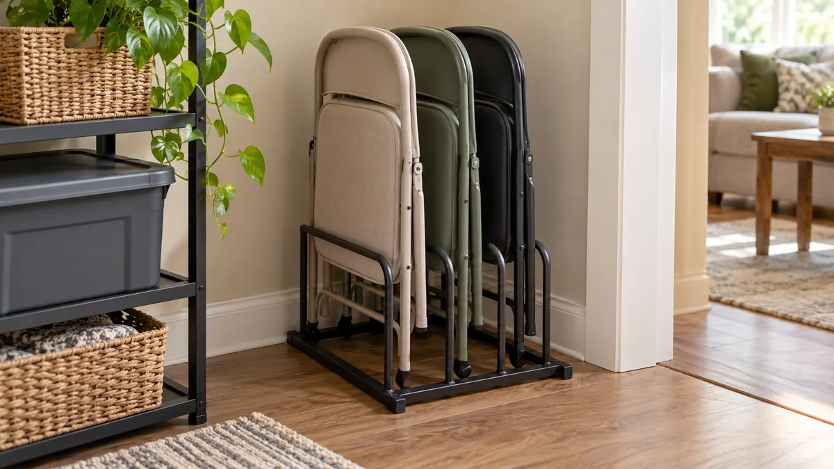 Folded guest chairs supported by a stable freestanding storage rack in a small rental apartment