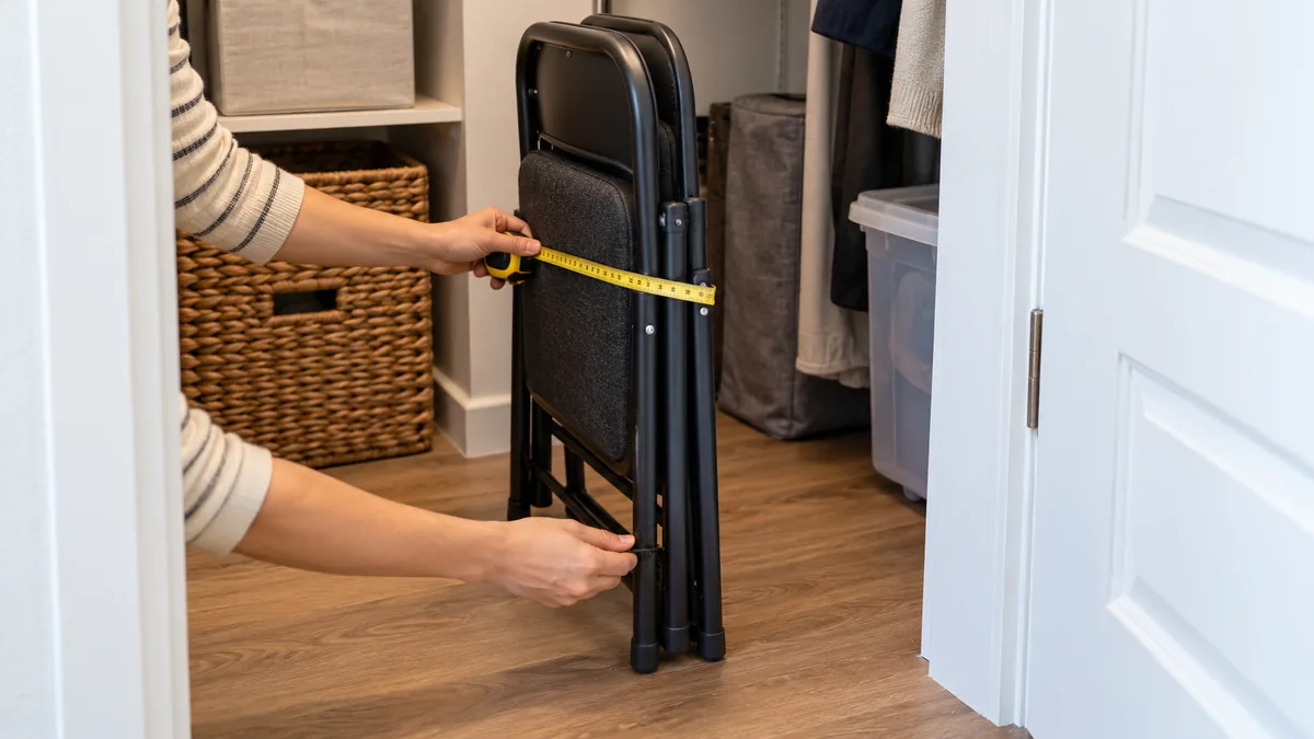 Measuring the folded dimensions of a guest chair and closet floor space in a small rental apartment
