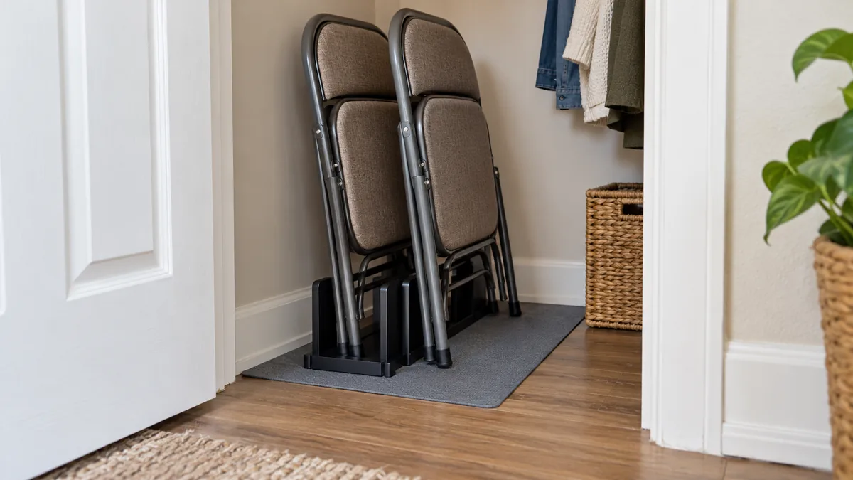 Folded guest chairs stored securely on a removable protective mat inside a small apartment closet