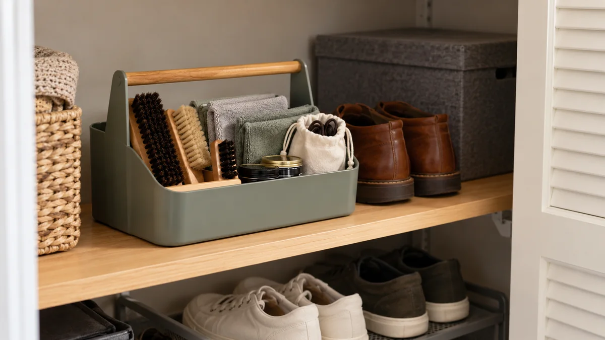 Shoe care supplies storage ideas for small apartments with brushes and shoe cleaning accessories organized on a compact shelf