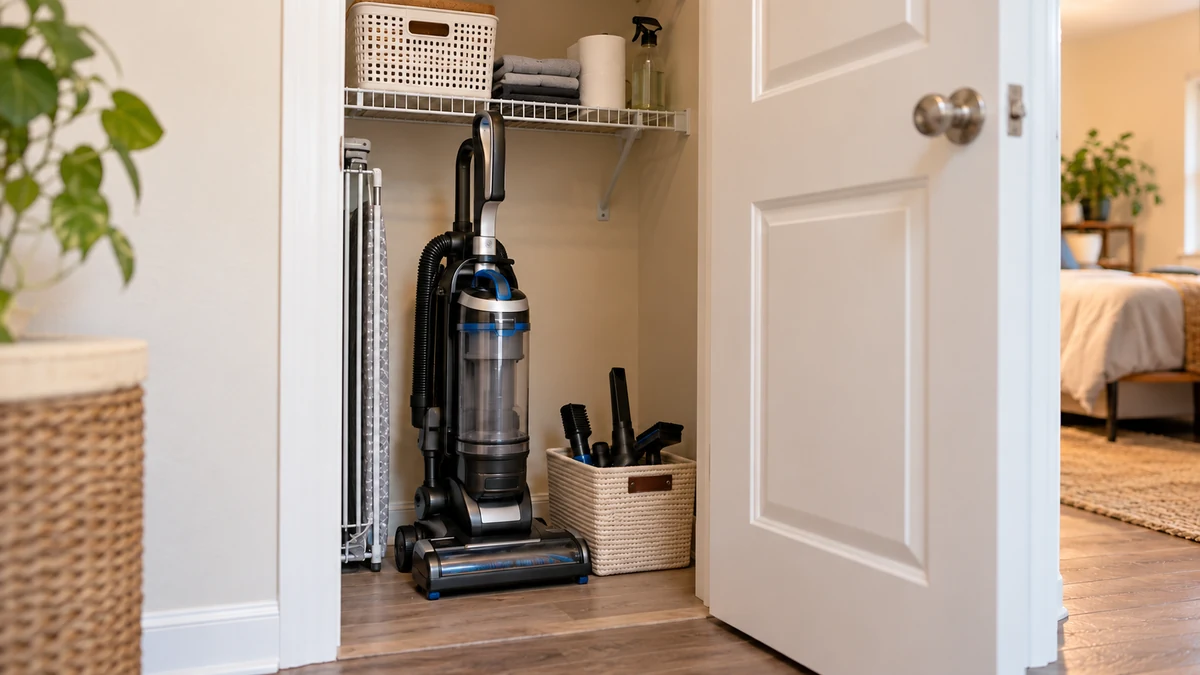 Vacuum cleaner storage ideas for small apartments with a compact vacuum organized in a rental utility closet